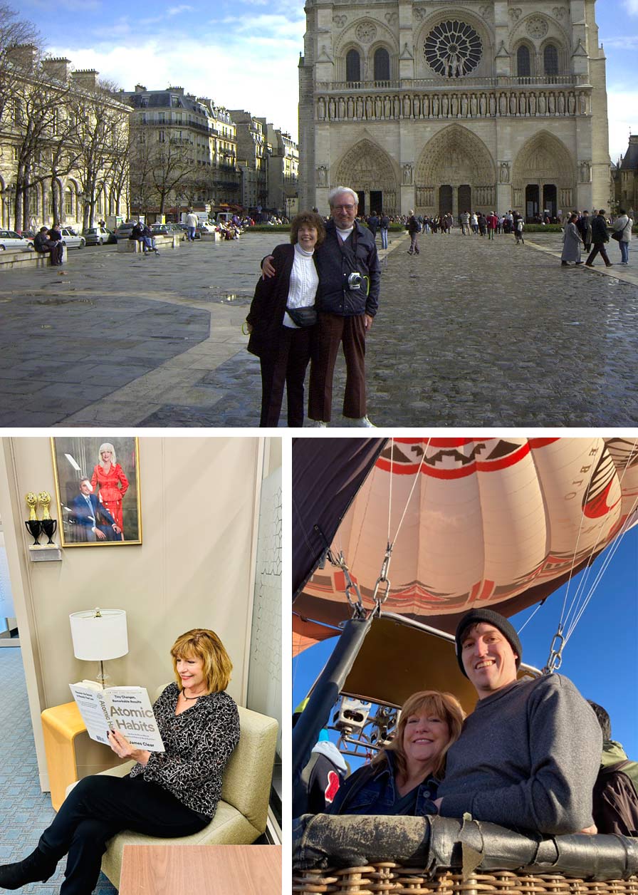 Collage of photos: Wendy's parents abroad; Wendy reading Atomic Habits; Wendy in an air balloon