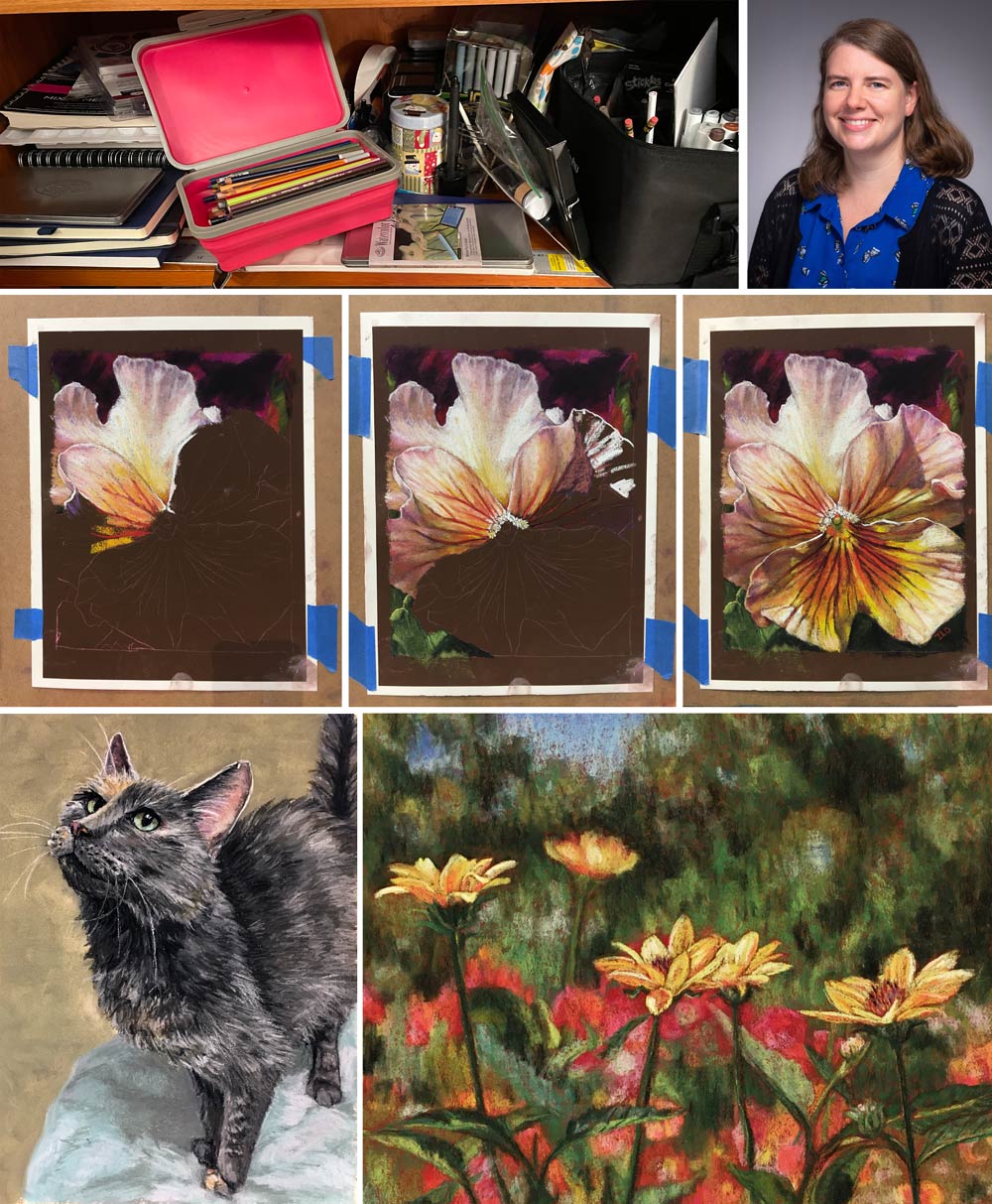 Collage of art supplies, Zara's photo, and art she's worked on