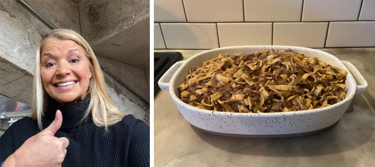 Dana Pierce thumbs up next to her beef and noodles in a casserole dish