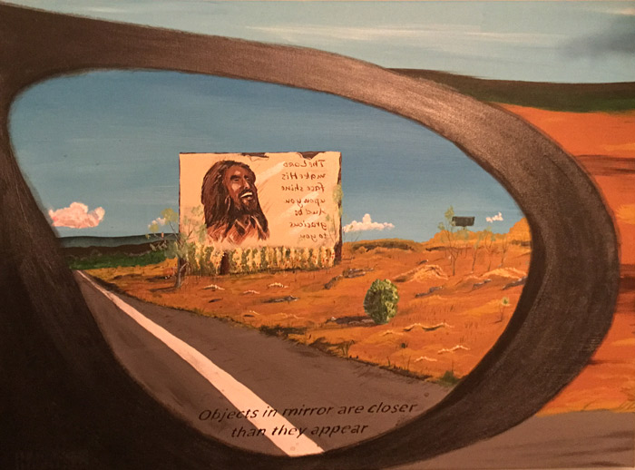 Painting of a sideview mirror with a sign of Jesus in the mirror by Chad Harms