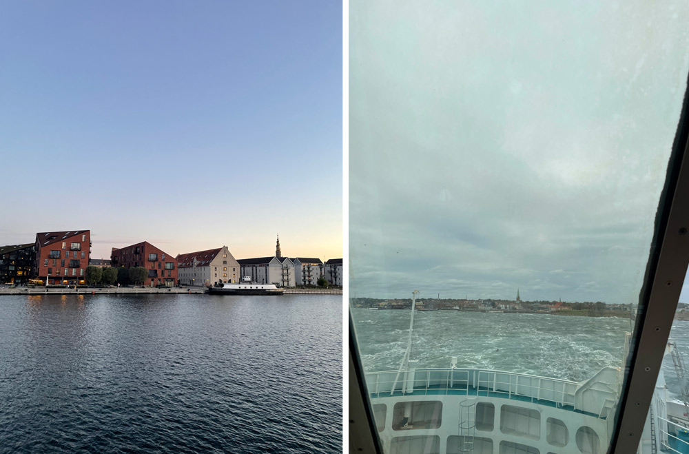 Scenic photos of waterfront in Copenhagen and of the water from the ferry to Sweden.