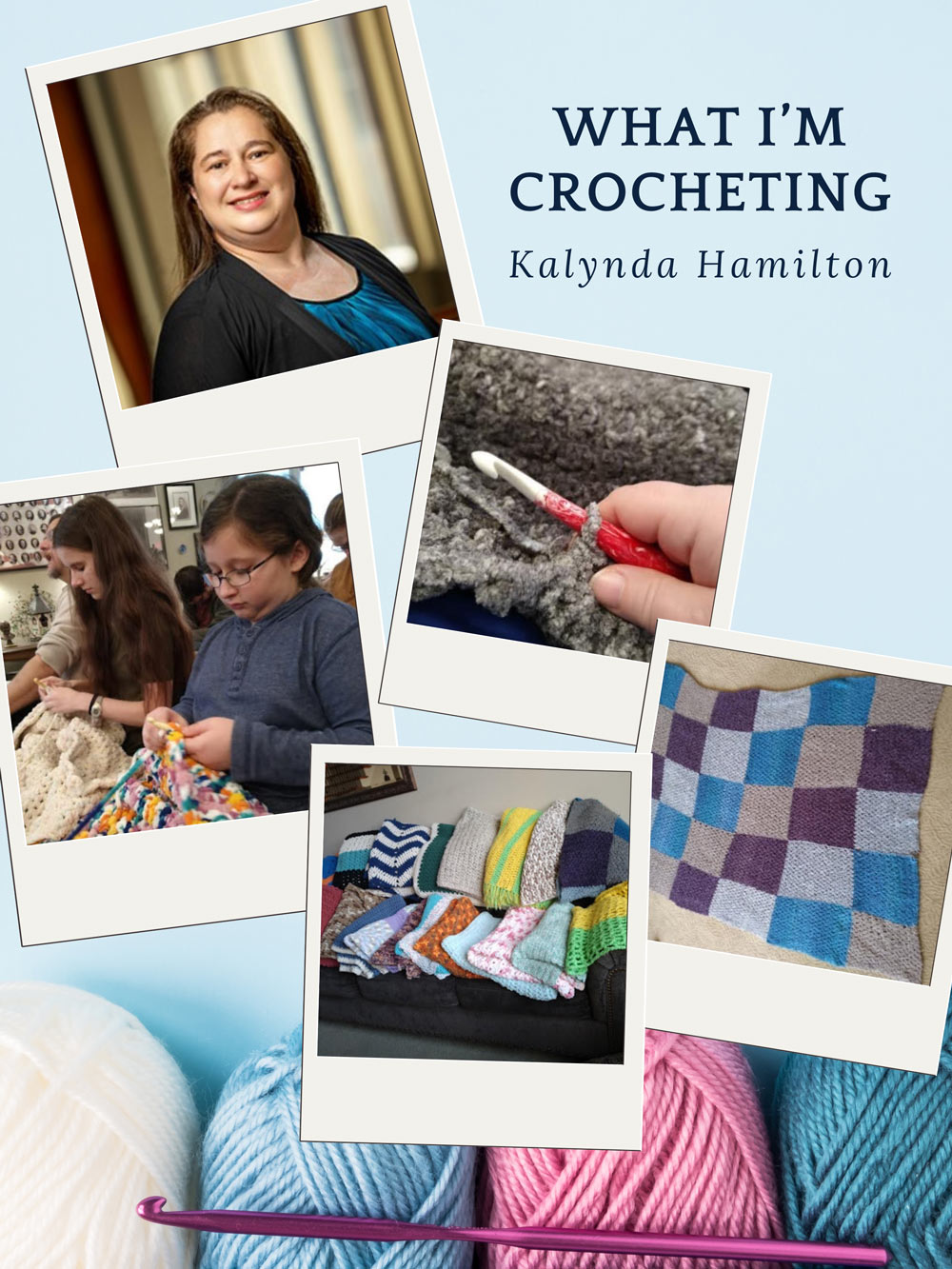 Collage of Kalynda's crochet projects and her son and daughter.
