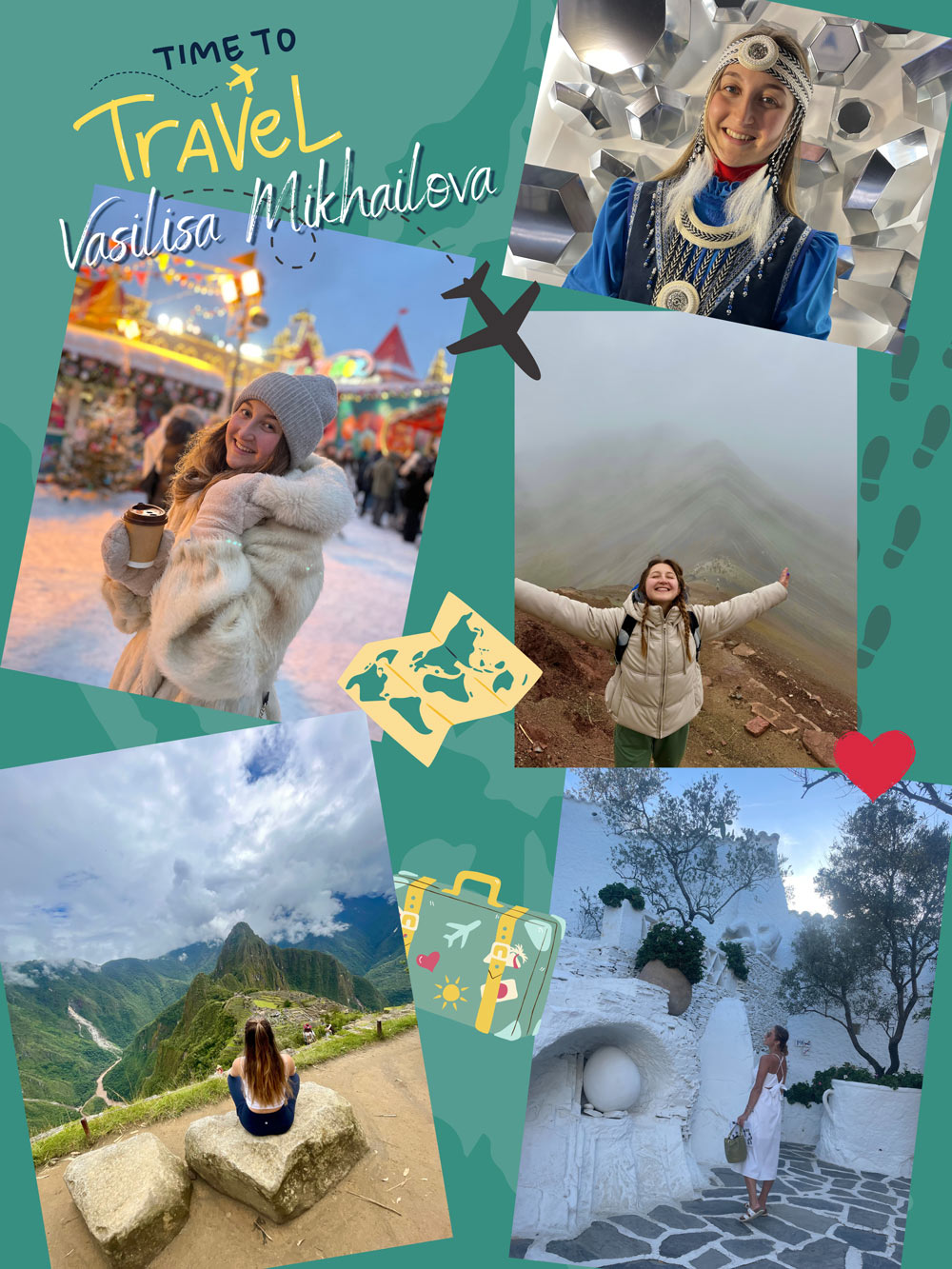 A graphic collage with travel icons and photos of Vasilisa's various travels