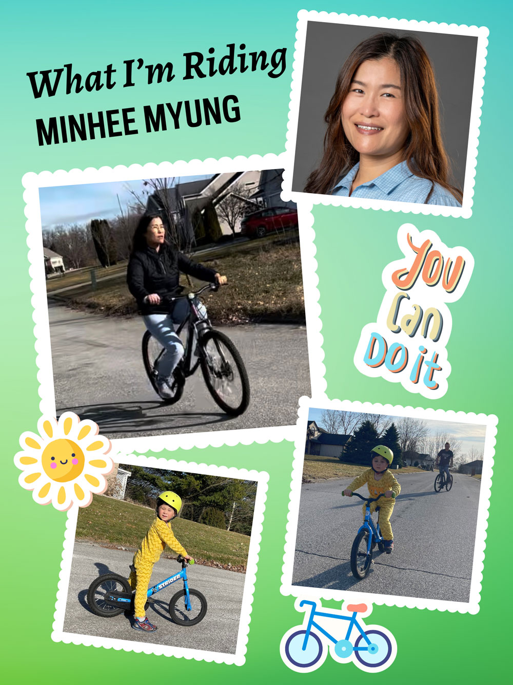 Collage of photos of Minhee and her son on bikes