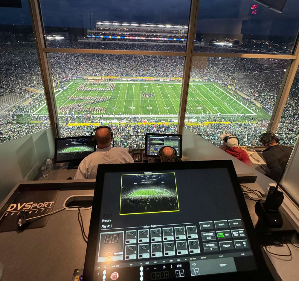 Dave Grundy's view of the football field from the replay booth.