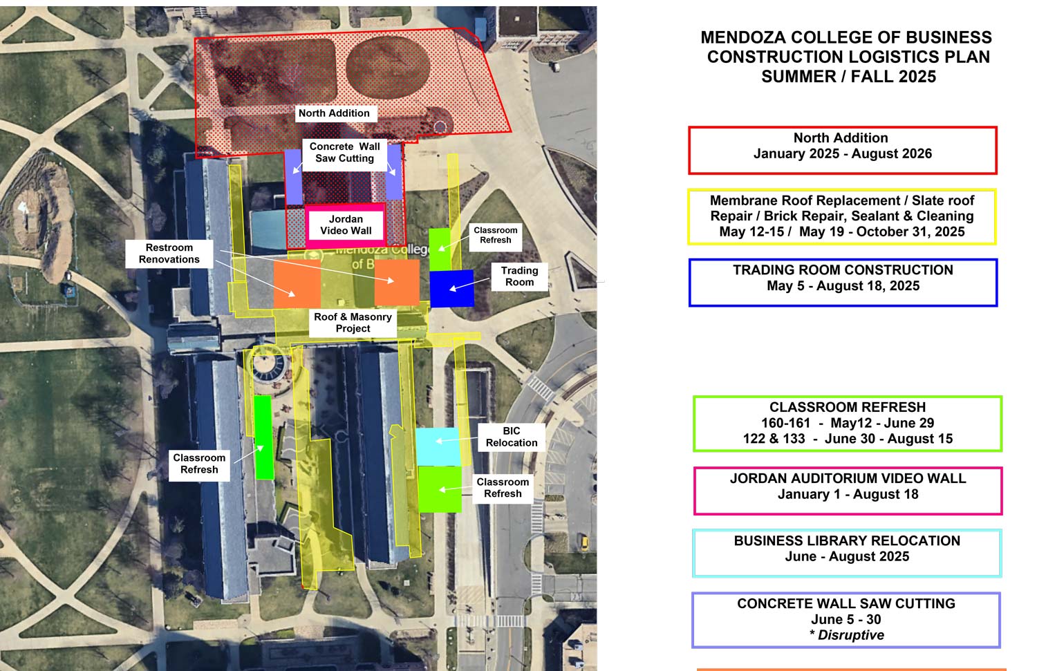 Overlay of construction projects on an aerial photo of Mendoza College of Business.